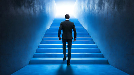 Businessman walking up stairs to light at the end of blue tunnelの素材