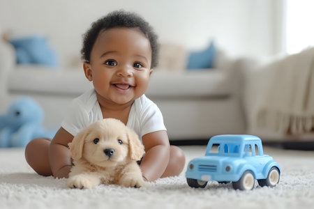 Cute little African-American baby playing with toy car at homeの素材