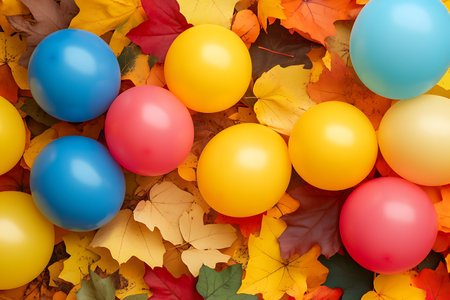 Colorful balloons on autumn leaves background. Flat lay, top viewの素材