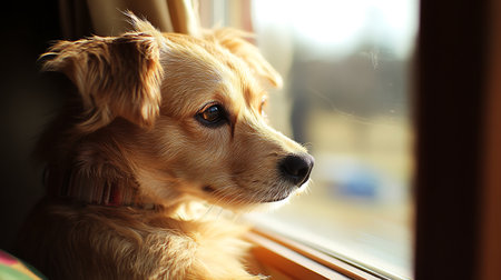 Golden retriever dog sitting on the windowsill and looking out the windowの素材