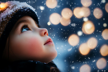 Portrait of a cute little girl in the snow. Christmas conceptの素材