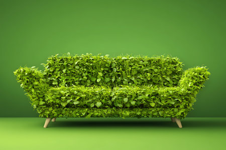 Green sofa on the green wall background. 3d render image.の素材