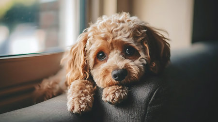 Cute puppy of the English Cocker Spaniel is lying on a sofa.の素材