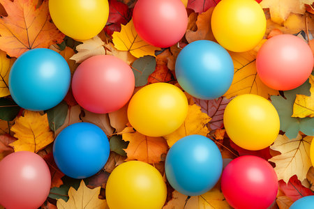 Colorful balloons and autumn leaves background. Flat lay, top viewの素材