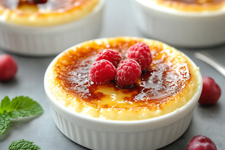Creme brulee with raspberries on grey table, closeupの素材
