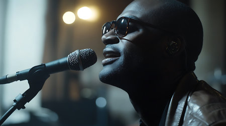 African american man singing into microphone in recording studio, closeupの素材