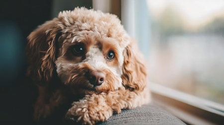 Cute miniature poodle dog sitting on a window sill at homeの素材