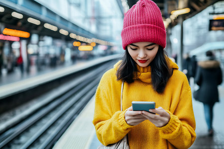 Young asian woman using mobile phone at train station in winter.の素材