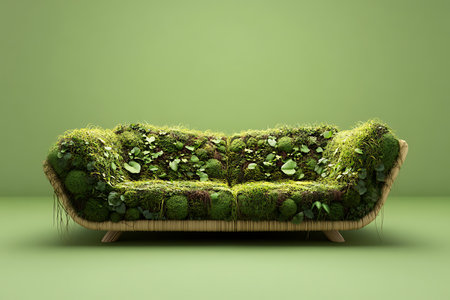 Sofa made of green moss on a green background. 3d renderingの素材
