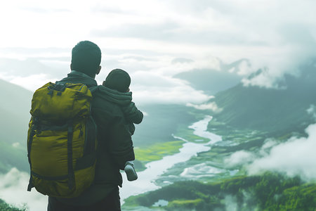 father and son hiking on mountain peak in the morning, family travel conceptの素材