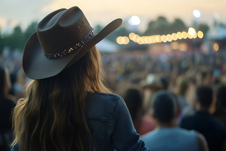 Young woman in cowboy hat and jeans jacket listening to music at concertの素材