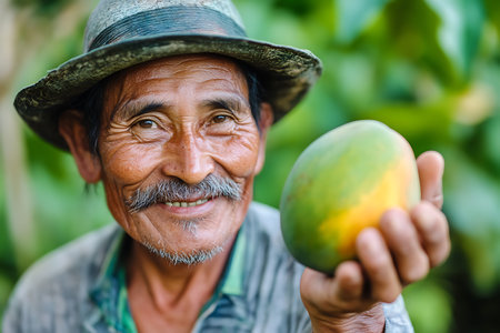 Portrait of senior farmer holding mango in his hands, stock photoの素材