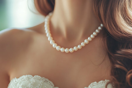 Beautiful wedding dress with a pearl necklace on the bride's neckの素材