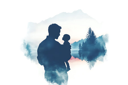 Silhouette of father and son on the background of the mountain landscape.の素材