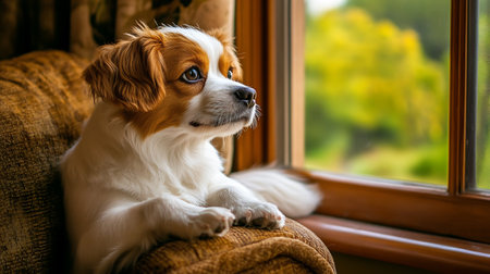 Cute dog breed cavalier king charles spaniel looking out the window.の素材