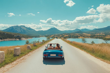 Retro cabriolet car on the road in the mountains.の素材