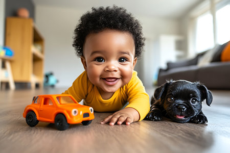 African american baby boy playing with toy car and dog at homeの素材