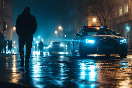 Silhouette of a police car on the street at night in the fog.の素材
