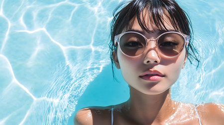 Portrait of a beautiful young asian woman wearing sunglasses in swimming poolの素材