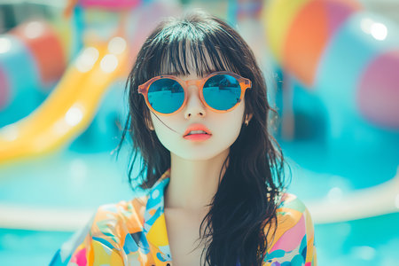 Portrait beautiful young asian woman happy smile relax around swimming pool in hotel resortの素材
