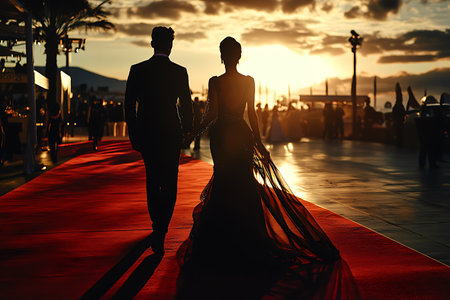 Silhouette of the bride and groom on a red carpet at sunsetの素材
