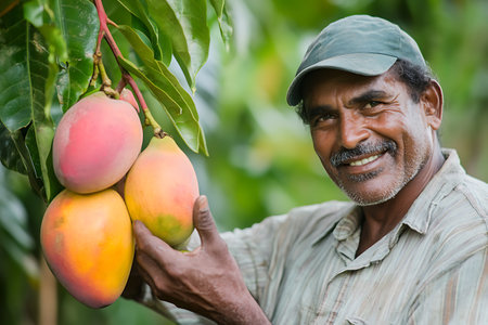 Portrait of Indian farmer holding mango fruits in the orchard.の素材