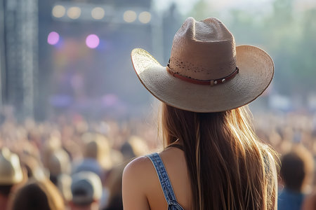 Back view of young woman in cowboy hat dancing at music festival.の素材