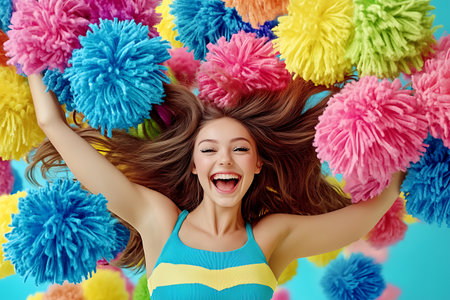 Cheerful cheerleader girl with pompoms on blue background.の素材