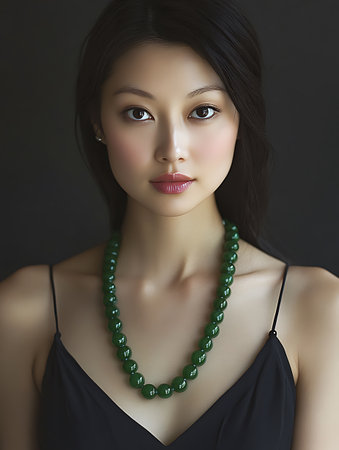 Portrait of beautiful asian woman in black dress with green beadsの素材