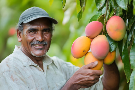 portrait of indian farmer holding mango fruits in the orchardの素材