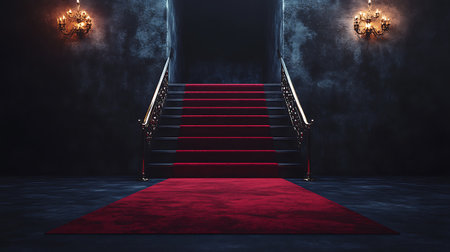 Red carpet on stairs in dark room with smoke, 3D renderingの素材