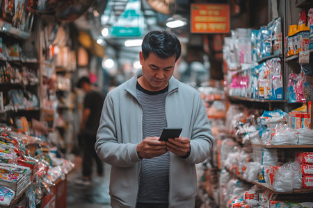 Young Asian man using mobile phone in the shopping mall. Shopping concept.の素材