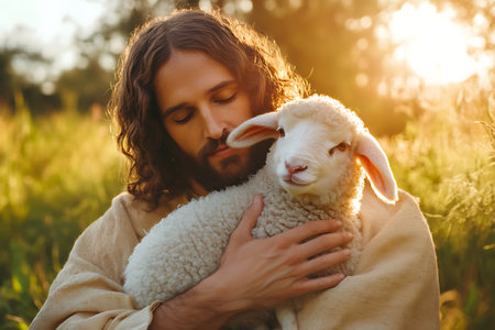 Beautiful young woman with long curly hair in a sheepskin coat is holding a lamb in her arms.の素材