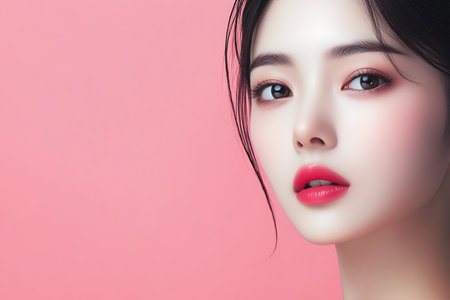Beautiful asian woman with red lips on pink background, asian beautyの素材