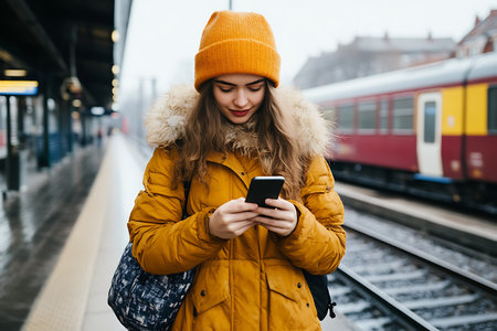 Image of a pretty young woman outdoors at train station using mobile phone.の素材