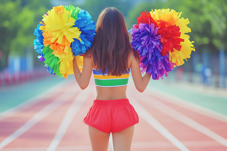 Rear view of beautiful cheerleader holding pom-poms on the stadiumの素材