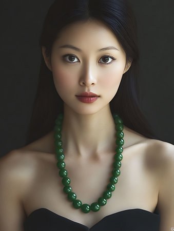 Portrait of beautiful asian woman with green necklace on black backgroundの素材