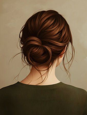 Hairstyle. Back view of a beautiful young woman with long brown hair.の素材
