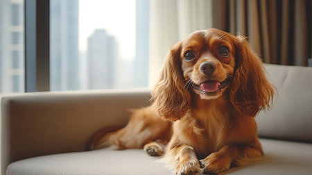 Cavalier King Charles Spaniel dog lying on sofa at homeの素材