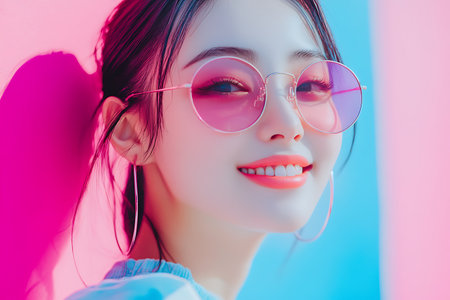 beautiful asian woman in pink sunglasses on blue and pink backgroundの素材