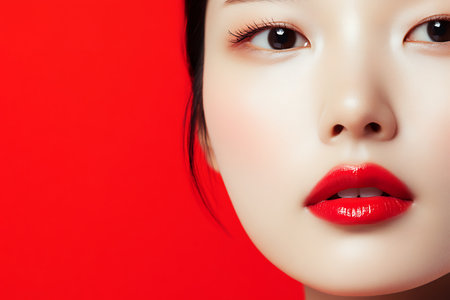 Beautiful asian woman with red lips on red background, closeupの素材
