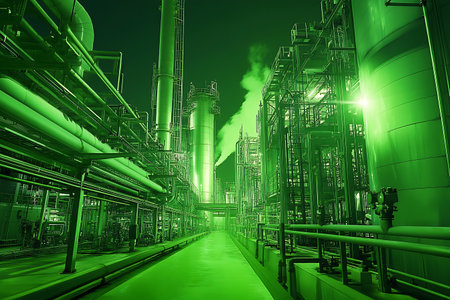 Industrial zone, Steel pipelines and equipment in green tones. 3d renderingの素材