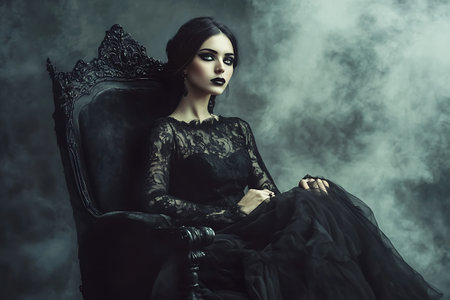 Portrait of a beautiful young woman in a black dress sitting in an armchair.の素材