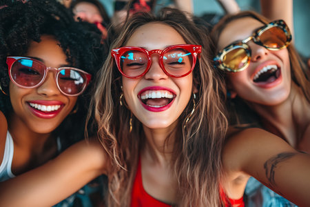 Group of happy young women in sunglasses taking selfie with mobile phone.の素材
