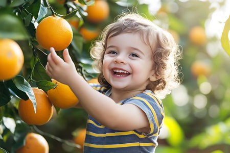 Cute little baby boy picking oranges in the orchard. Healthy nutrition for kids.の素材