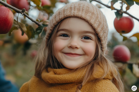 Portrait of a cute little girl in a yellow coat and hat on the background of an apple tree.の素材