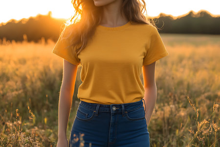 cropped view of young woman in yellow t-shirt standing in field at sunsetの素材