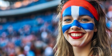 Portrait of a fan with a painted flag of Iceland on her faceの素材