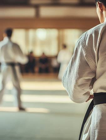 Man in kimono practicing martial arts in the gym. Close-up.の素材