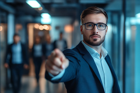 Portrait of serious young businessman in eyeglasses pointing at camera while standing in officeの素材